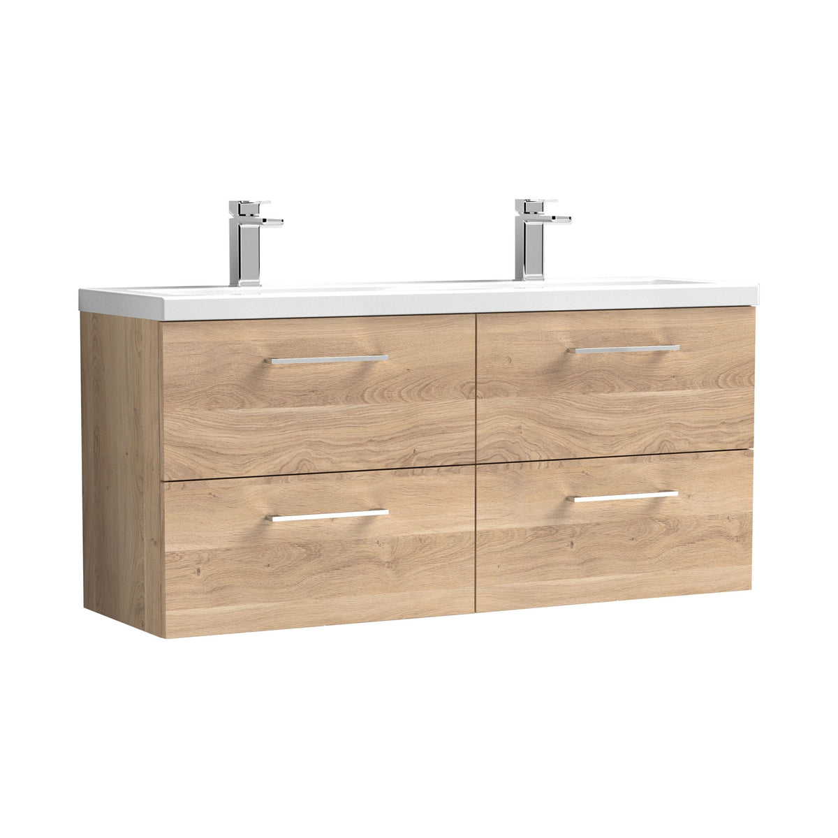 Modern Splash 1200mm Bleached Oak 4 Drawer Wall Hung Vanity Unit With 2 Tap Hole Ceramic Basin