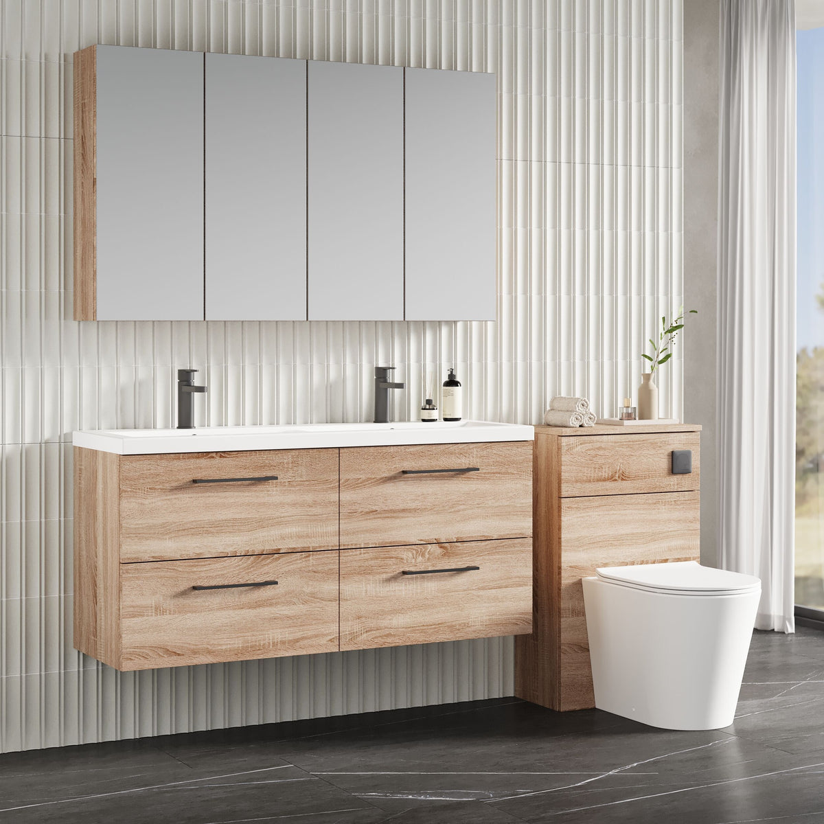 Modern Splash 1200mm Bleached Oak 4 Drawer Wall Hung Vanity Unit With 2 Tap Hole Ceramic Basin
