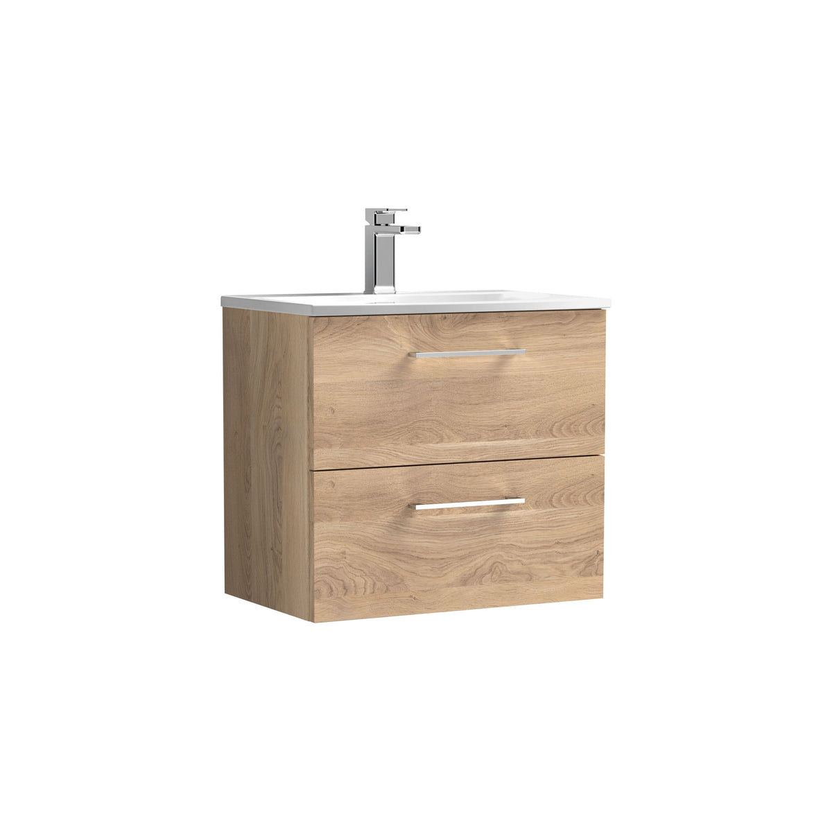 Modern Splash 600mm Bleached Oak 2 Drawer Wall Hung Vanity Unit With Curved Basin