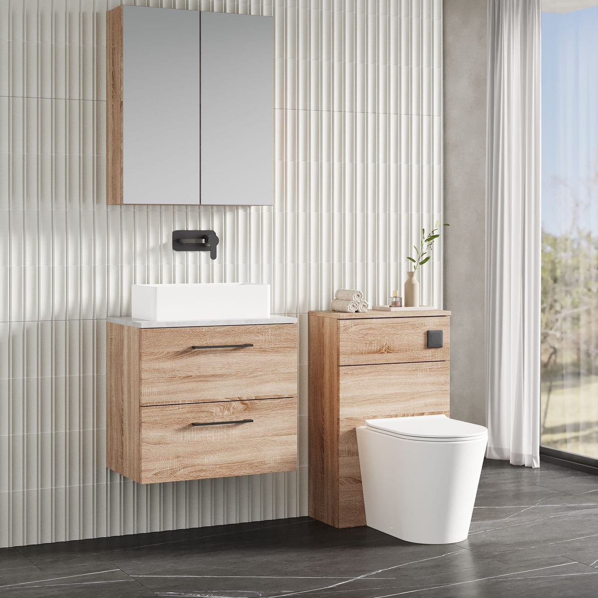Modern Splash 600mm Bleached Oak 2 Drawer Wall Hung Vanity Unit With Bellato Grey Worktop