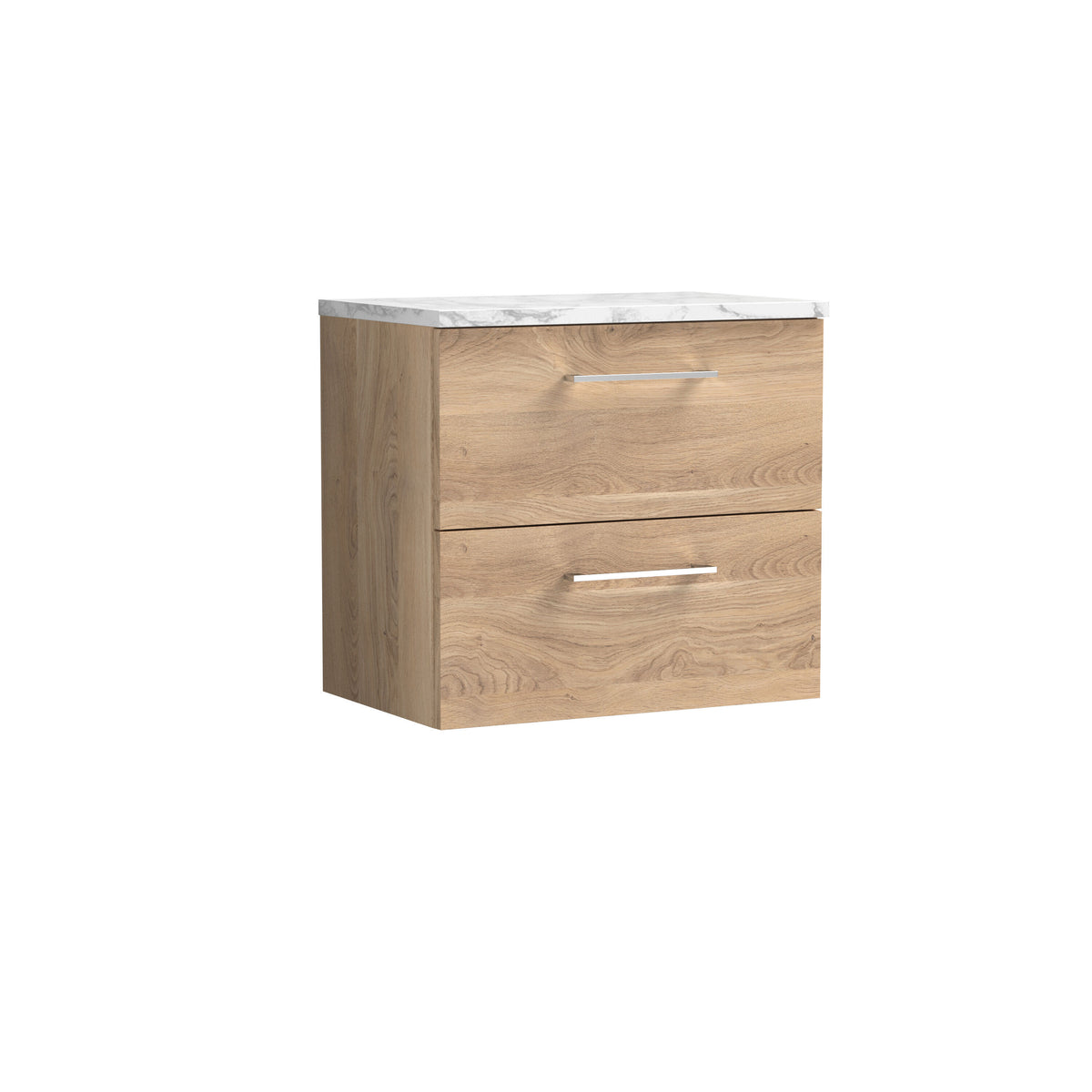 Modern Splash 600mm Bleached Oak 2 Drawer Wall Hung Vanity Unit With Carrara Laminate Worktop