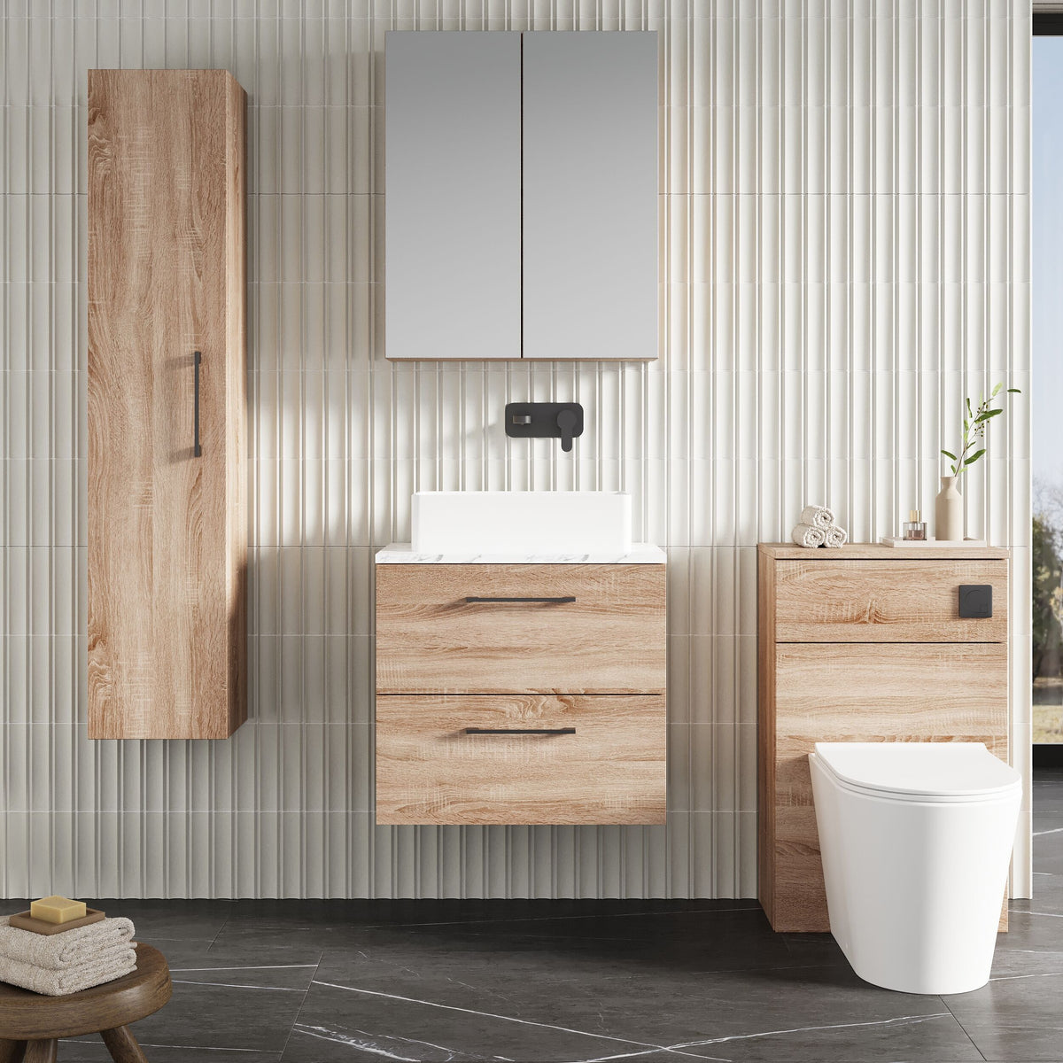 Modern Splash 600mm Bleached Oak 2 Drawer Wall Hung Vanity Unit With Carrara Laminate Worktop