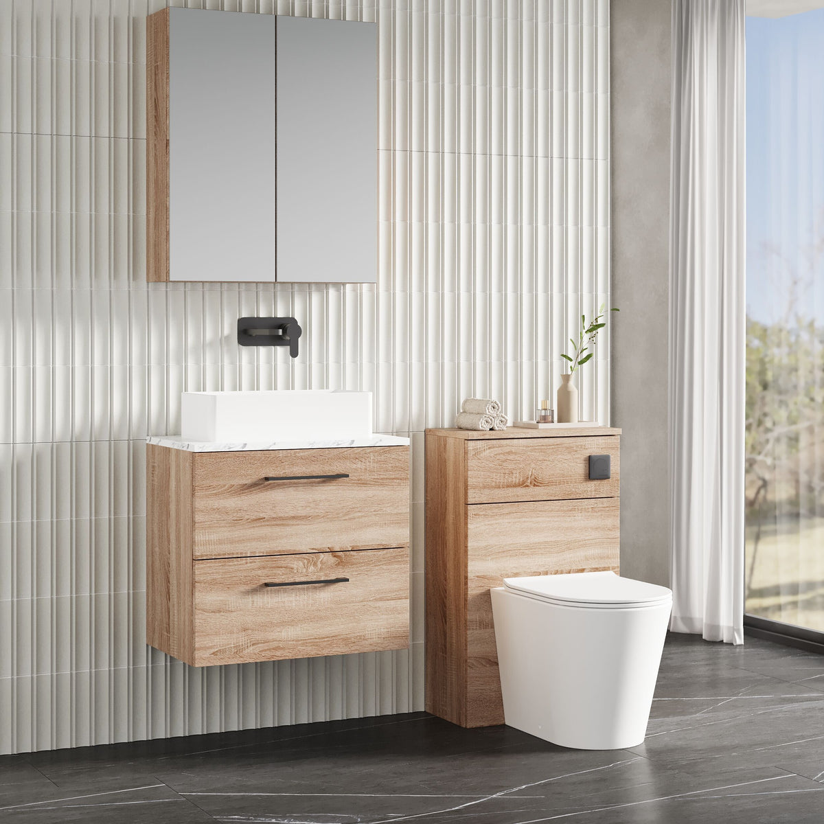 Modern Splash 600mm Bleached Oak 2 Drawer Wall Hung Vanity Unit With Carrara Laminate Worktop
