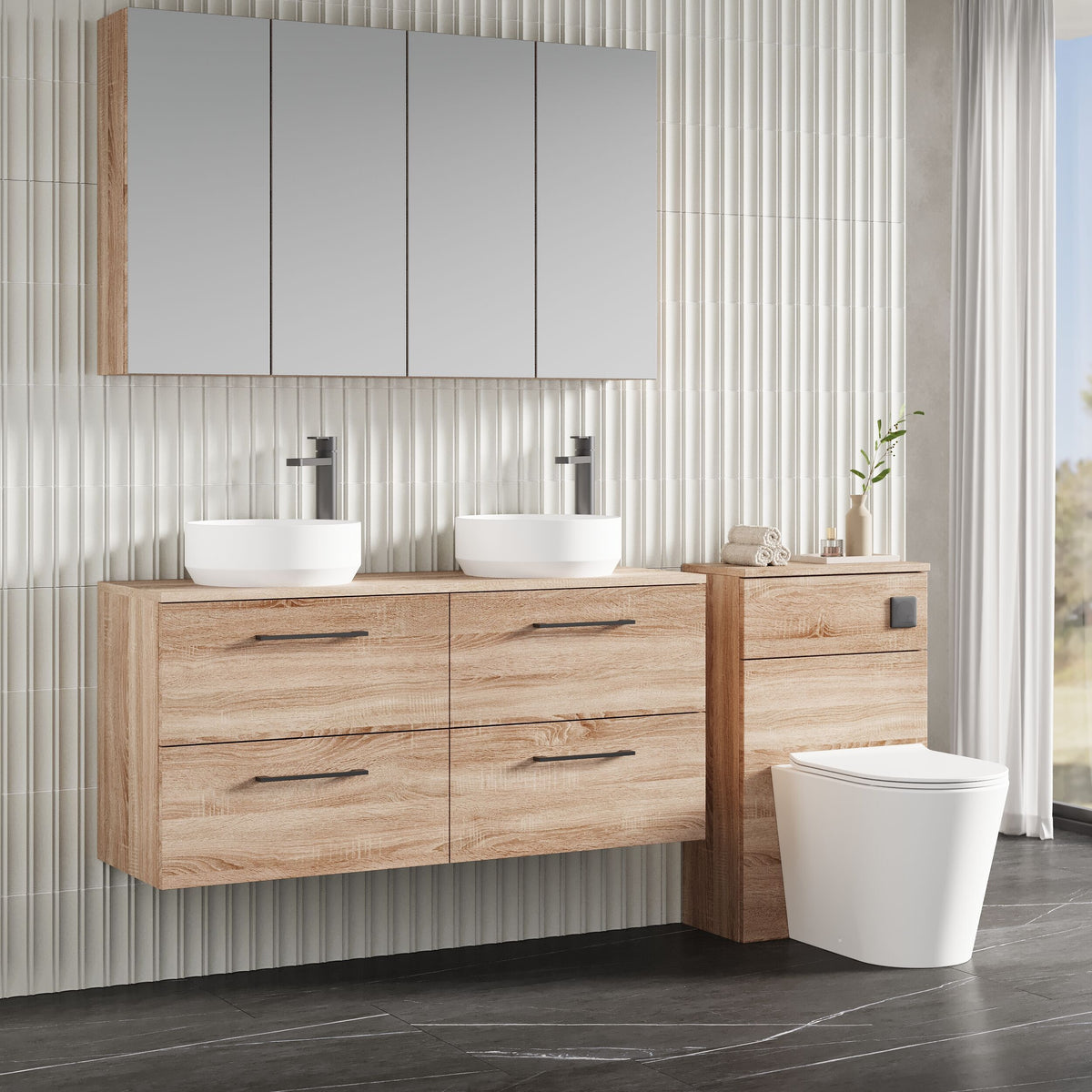 Modern Splash 1200mm Bleached Oak 4 Drawer Wall Hung Vanity Unit With Co-ordinating Worktop