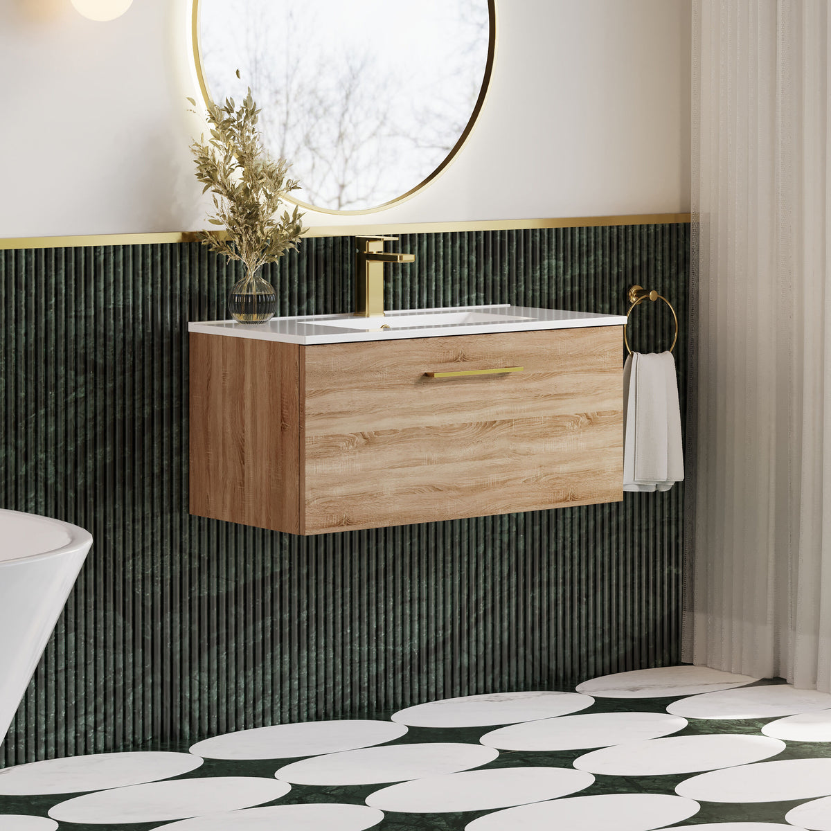 Modern Splash 800mm 1 Drawer Bleached Oak Wall Hung Vanity Unit With Minimalist Basin