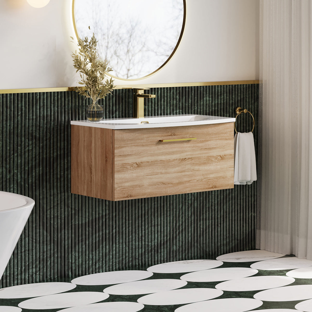 Modern Splash 800mm 1 Drawer Bleached Oak Wall Hung Vanity Unit With Curved Basin