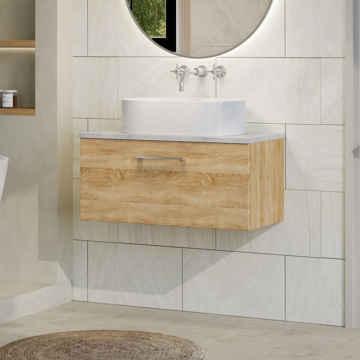 Modern Splash 800mm Bleached Oak 1 Drawer Wall Hung Vanity Unit With Bellato Grey Worktop