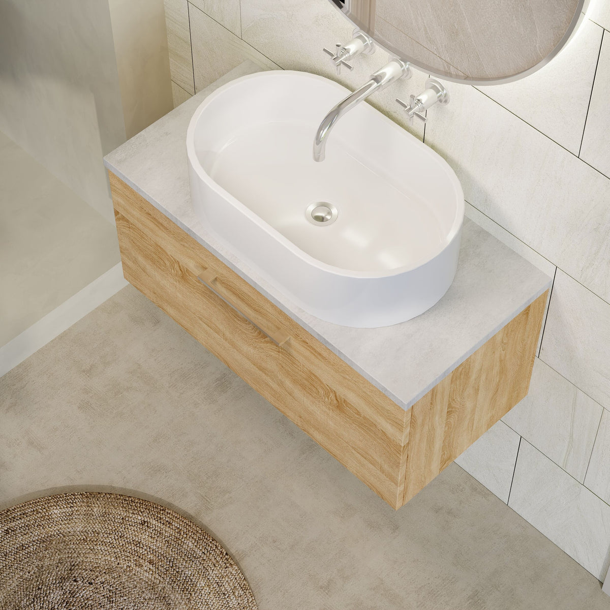 Modern Splash 800mm Bleached Oak 1 Drawer Wall Hung Vanity Unit With Bellato Grey Worktop