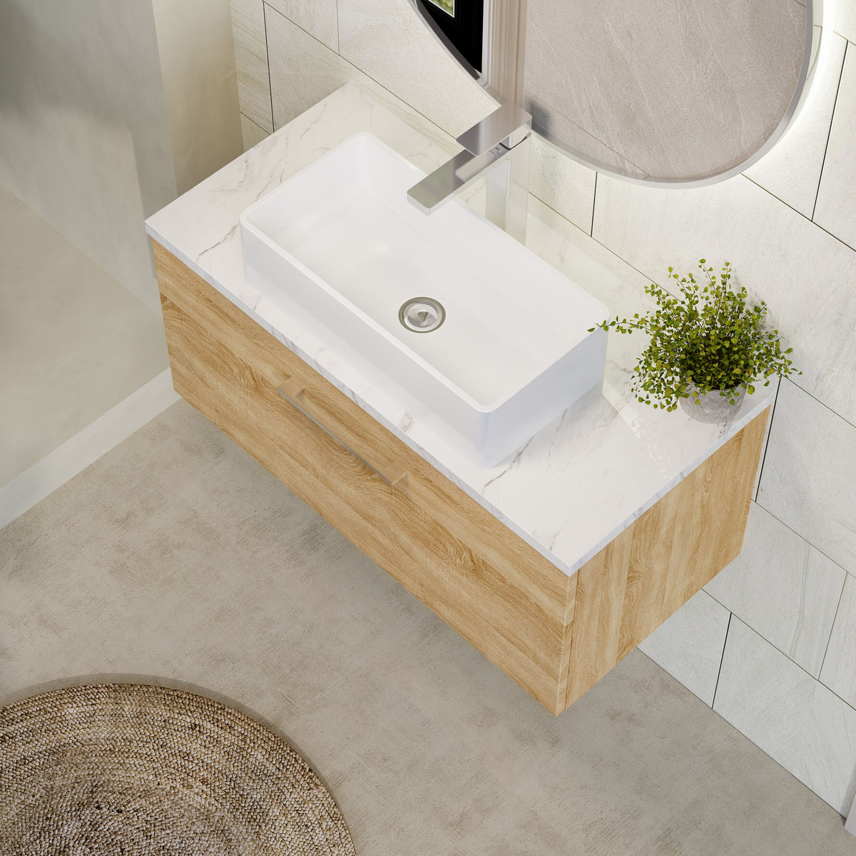 Modern Splash 800mm Bleached Oak 1 Drawer Wall Hung Vanity Unit With Carrara Laminate Worktop