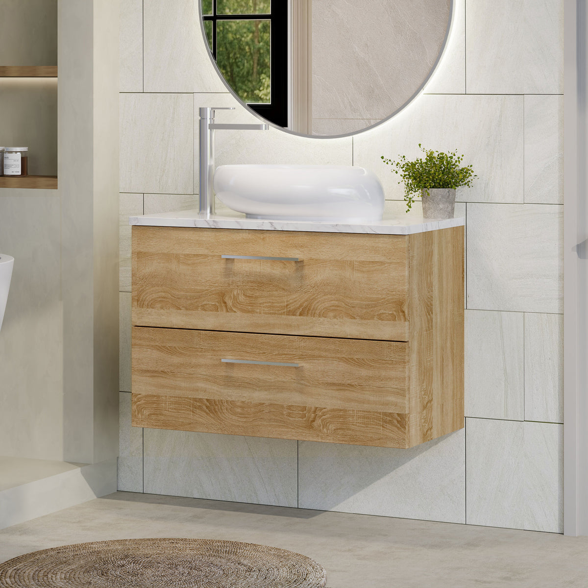 Modern Splash 800mm Bleached Oak 2 Drawer Wall Hung Vanity Unit With Carrara Laminate Worktop