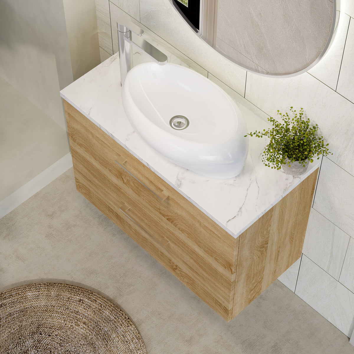 Modern Splash 800mm Bleached Oak 2 Drawer Wall Hung Vanity Unit With Carrara Laminate Worktop