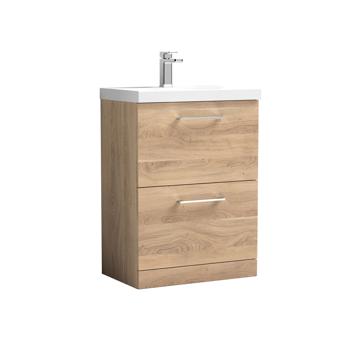 Modern Splash 600mm Bleached Oak 2 Drawer Floor Standing Vanity Unit With Mid-Edge Basin