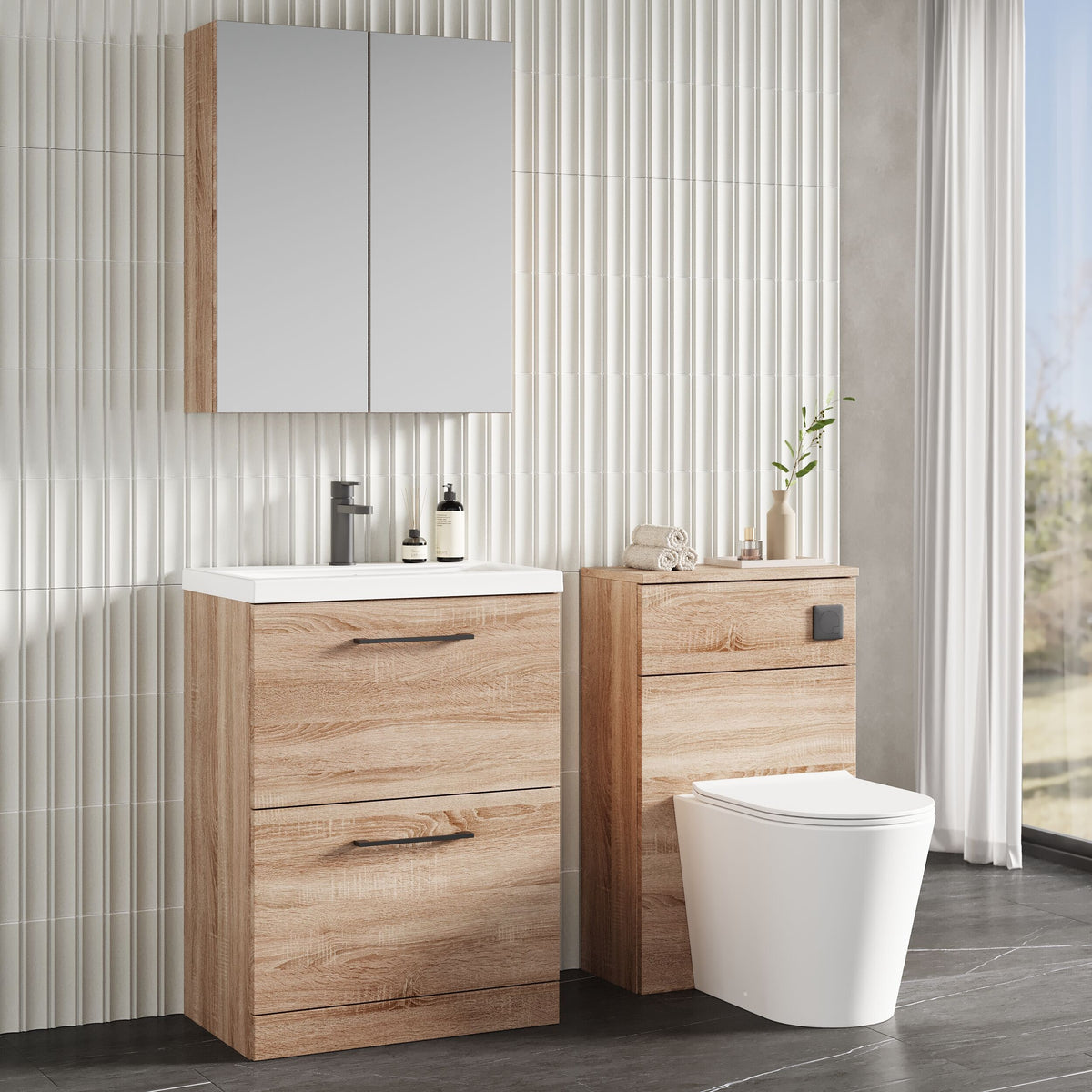 Modern Splash 600mm Bleached Oak 2 Drawer Floor Standing Vanity Unit With Mid-Edge Basin