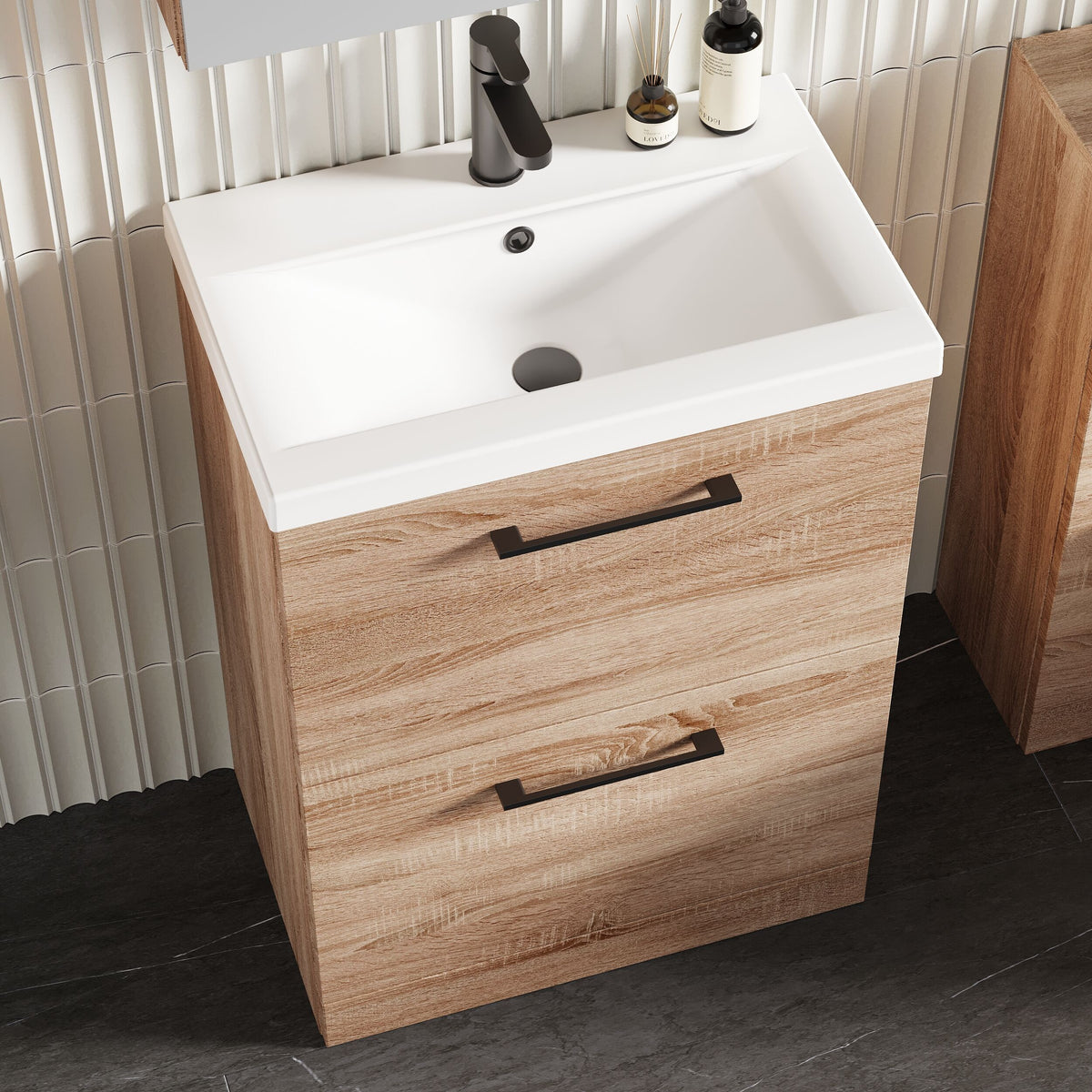 Modern Splash 600mm Bleached Oak 2 Drawer Floor Standing Vanity Unit With Mid-Edge Basin