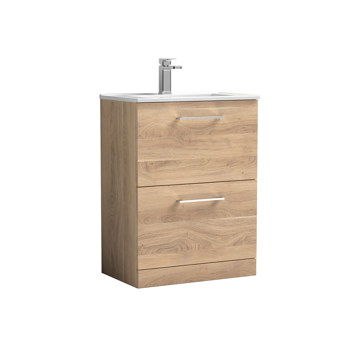 Modern Splash 600mm Bleached Oak 2 Drawer Floor Standing Vanity Unit With Minimalist Basin