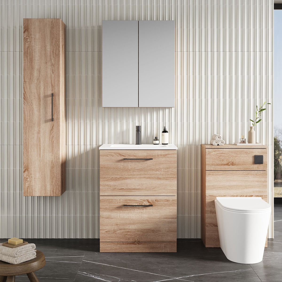 Modern Splash 600mm Bleached Oak 2 Drawer Floor Standing Vanity Unit With Minimalist Basin