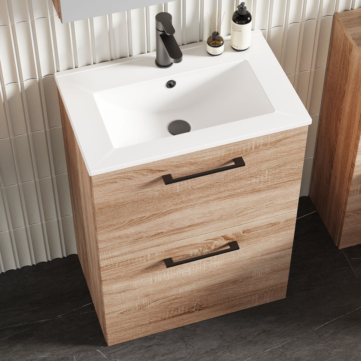 Modern Splash 600mm Bleached Oak 2 Drawer Floor Standing Vanity Unit With Minimalist Basin