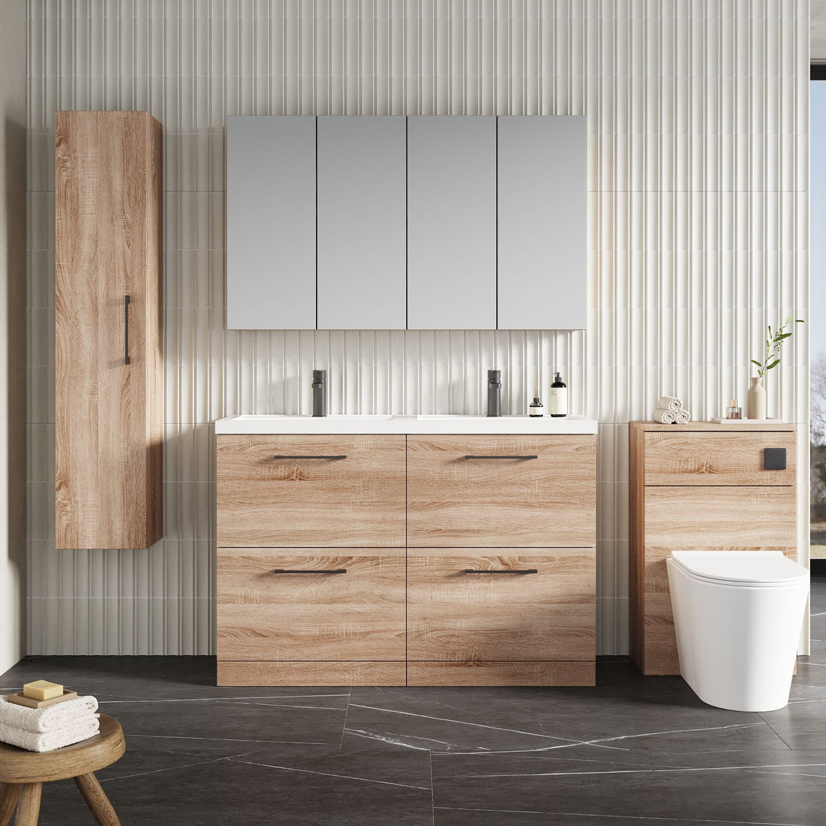 Modern Splash 1200mm Bleached Oak 4 Drawer Floor Standing Vanity Unit With 2 Tap Hole Polymarble basin