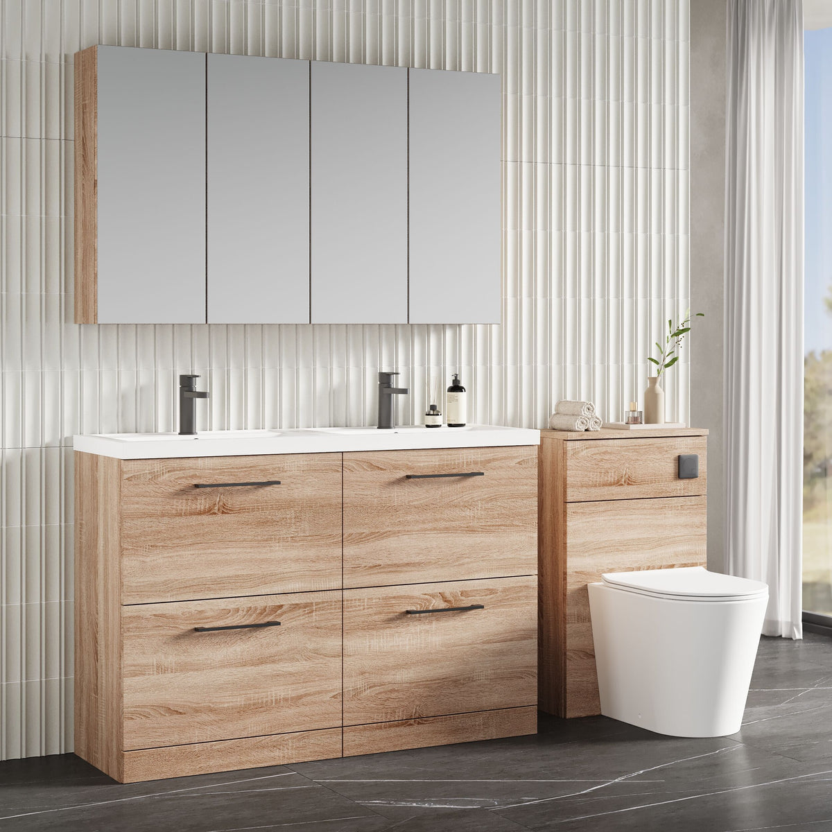 Modern Splash 1200mm Bleached Oak 4 Drawer Floor Standing Vanity Unit With 2 Tap Hole Polymarble basin