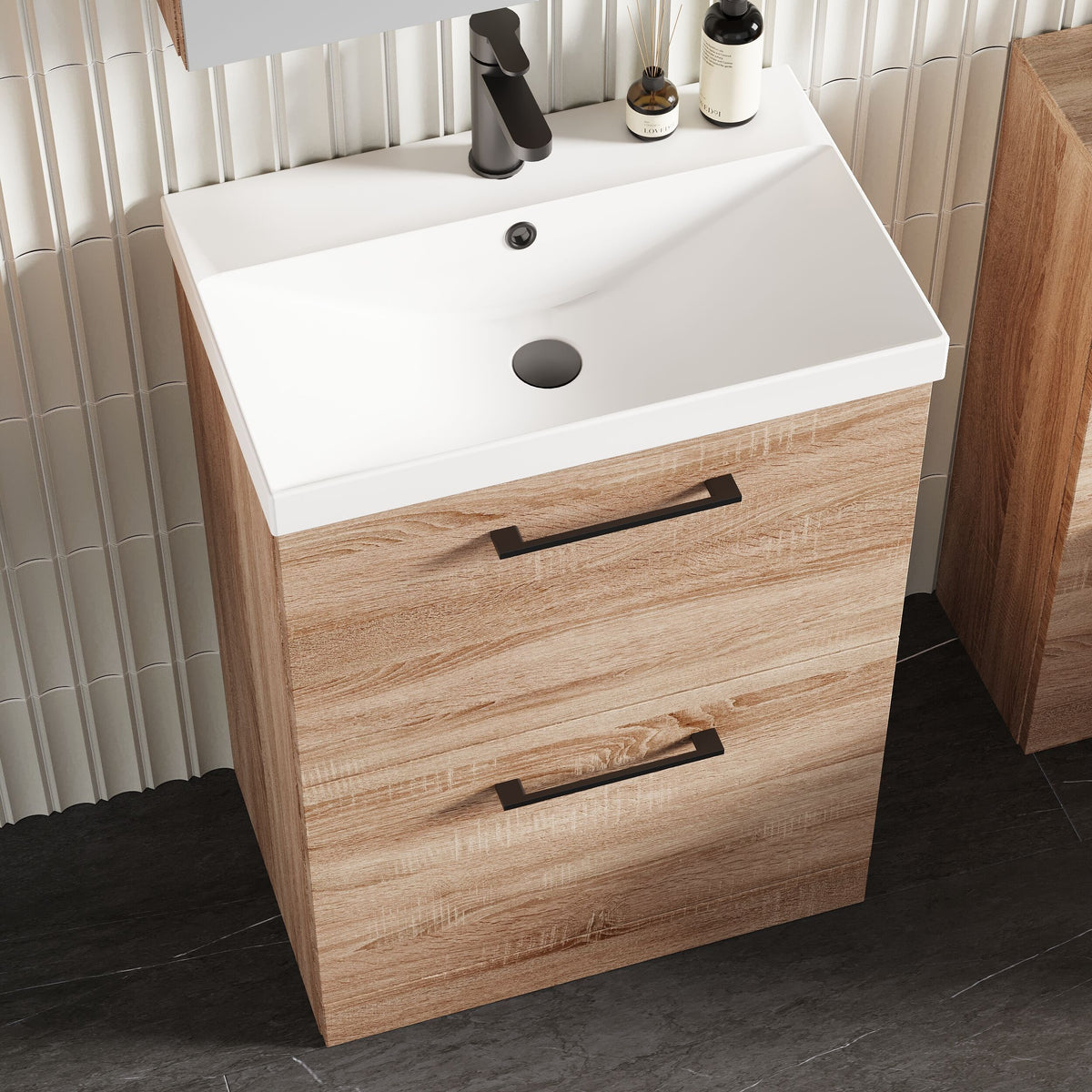 Modern Splash 600mm Bleached Oak 2 Drawer Floor Standing Vanity Unit With Thin Edge Basin