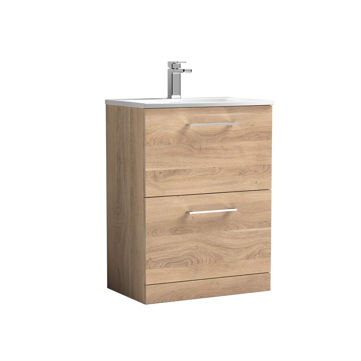 Modern Splash 600mm Bleached Oak 2 Drawer Floor Standing Vanity Unit With Curved Basin