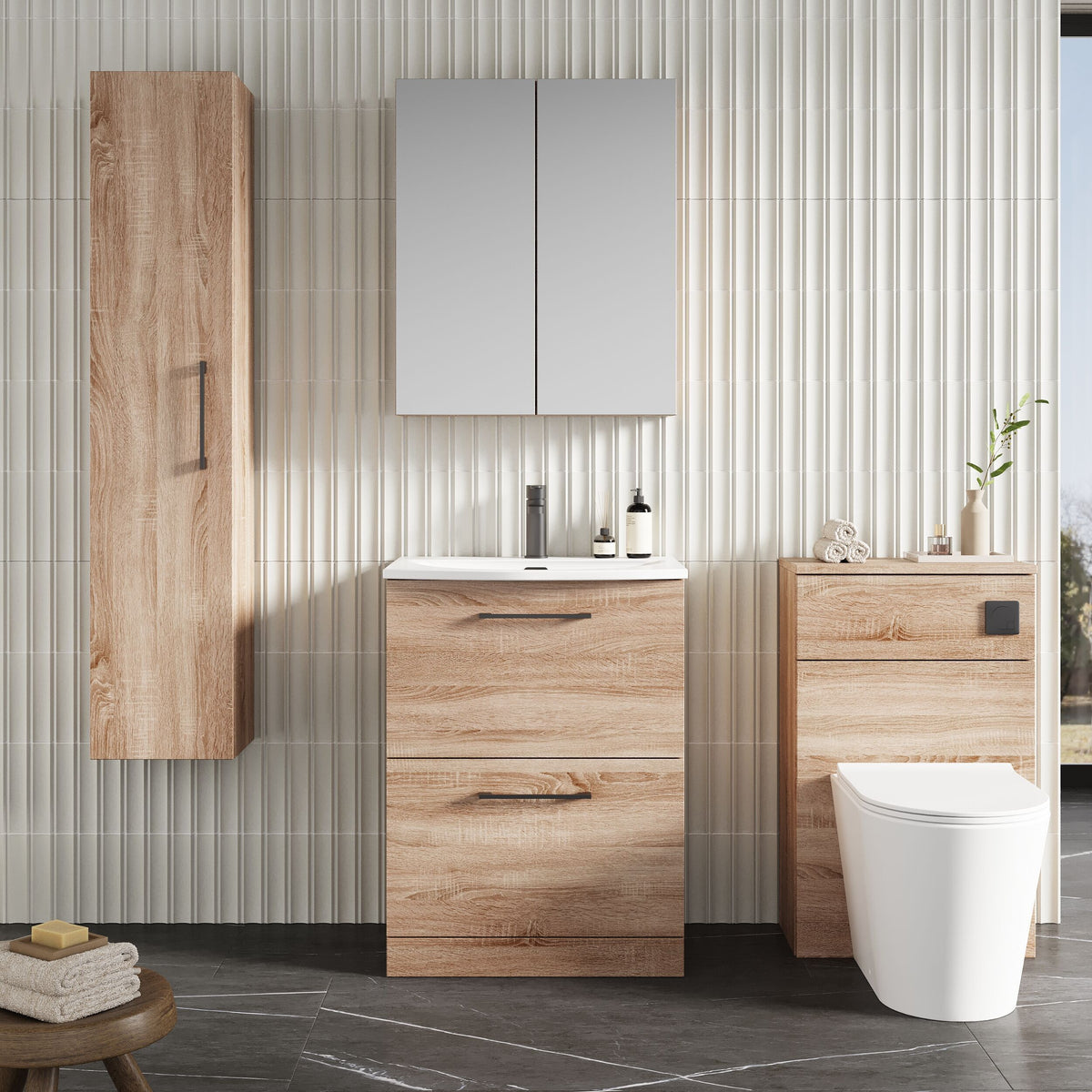Modern Splash 600mm Bleached Oak 2 Drawer Floor Standing Vanity Unit With Curved Basin