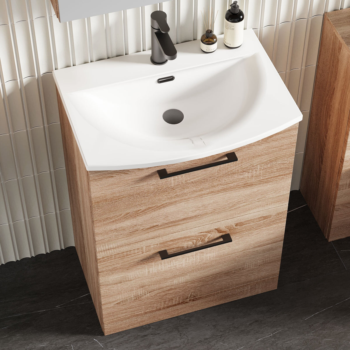 Modern Splash 600mm Bleached Oak 2 Drawer Floor Standing Vanity Unit With Curved Basin