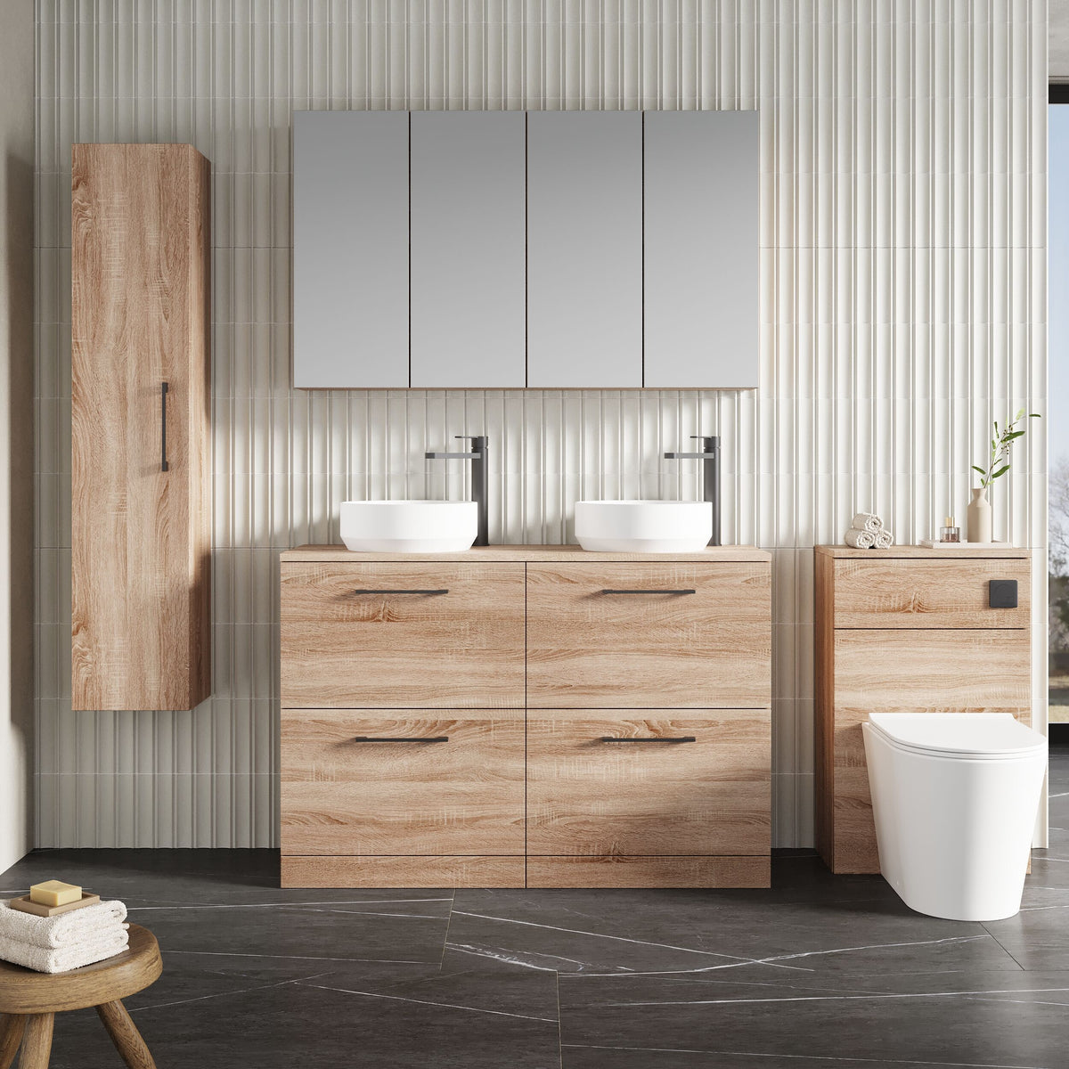 Modern Splash 1200mm Bleached Oak 4 Drawer Floor Standing Vanity Unit With Co-ordinating Worktop