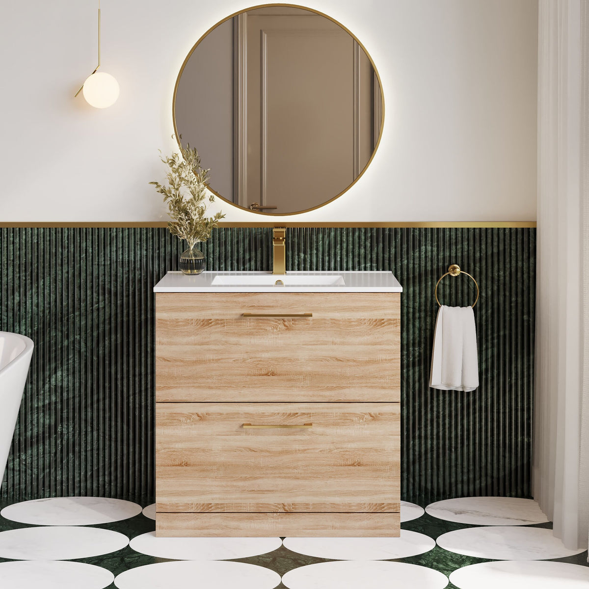 Modern Splash 800mm Bleached Oak 2 Drawer Floor Standing Vanity Unit With Minimalist Basin