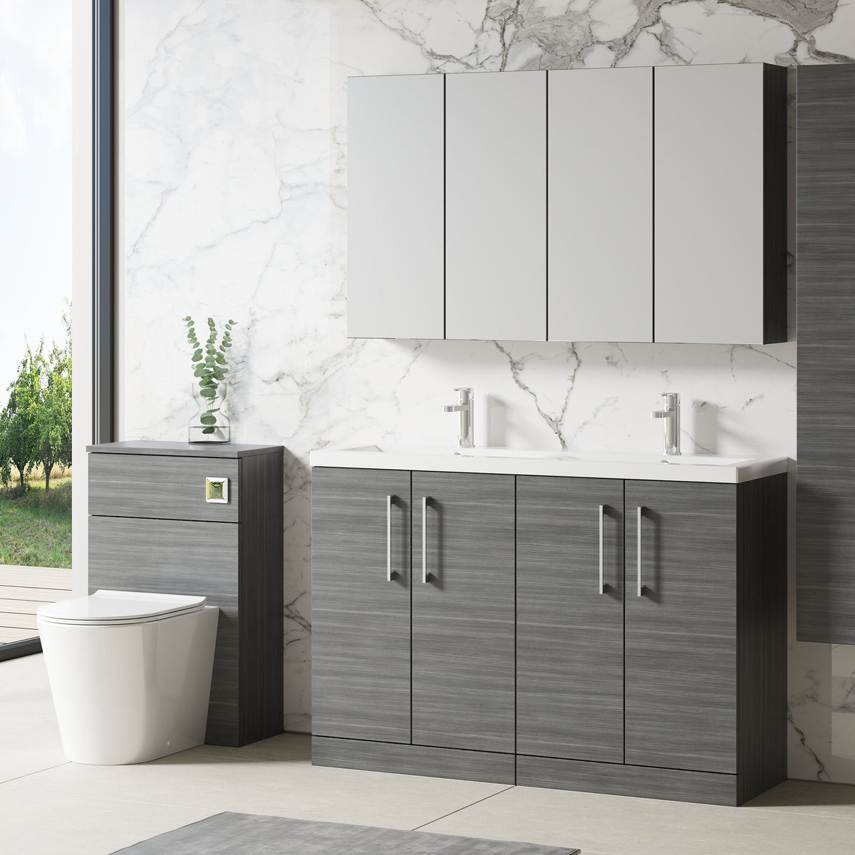 Modern Splash 1200mm Anthracite Woodgrain 4 Door Floor Standing Vanity Unit With 2 Tap Hole Ceramic Basin