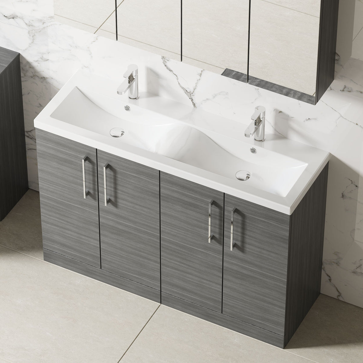 Modern Splash 1200mm Anthracite Woodgrain 4 Door Floor Standing Vanity Unit With 2 Tap Hole Ceramic Basin