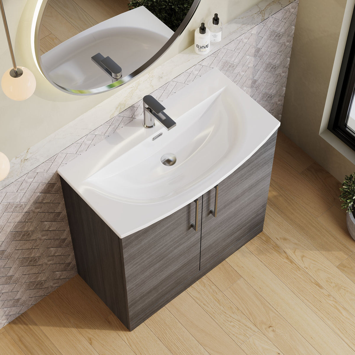 Modern Splash 800mm Anthracite Woodgrain 2 Door Floor Standing Vanity Unit With Curved Basin