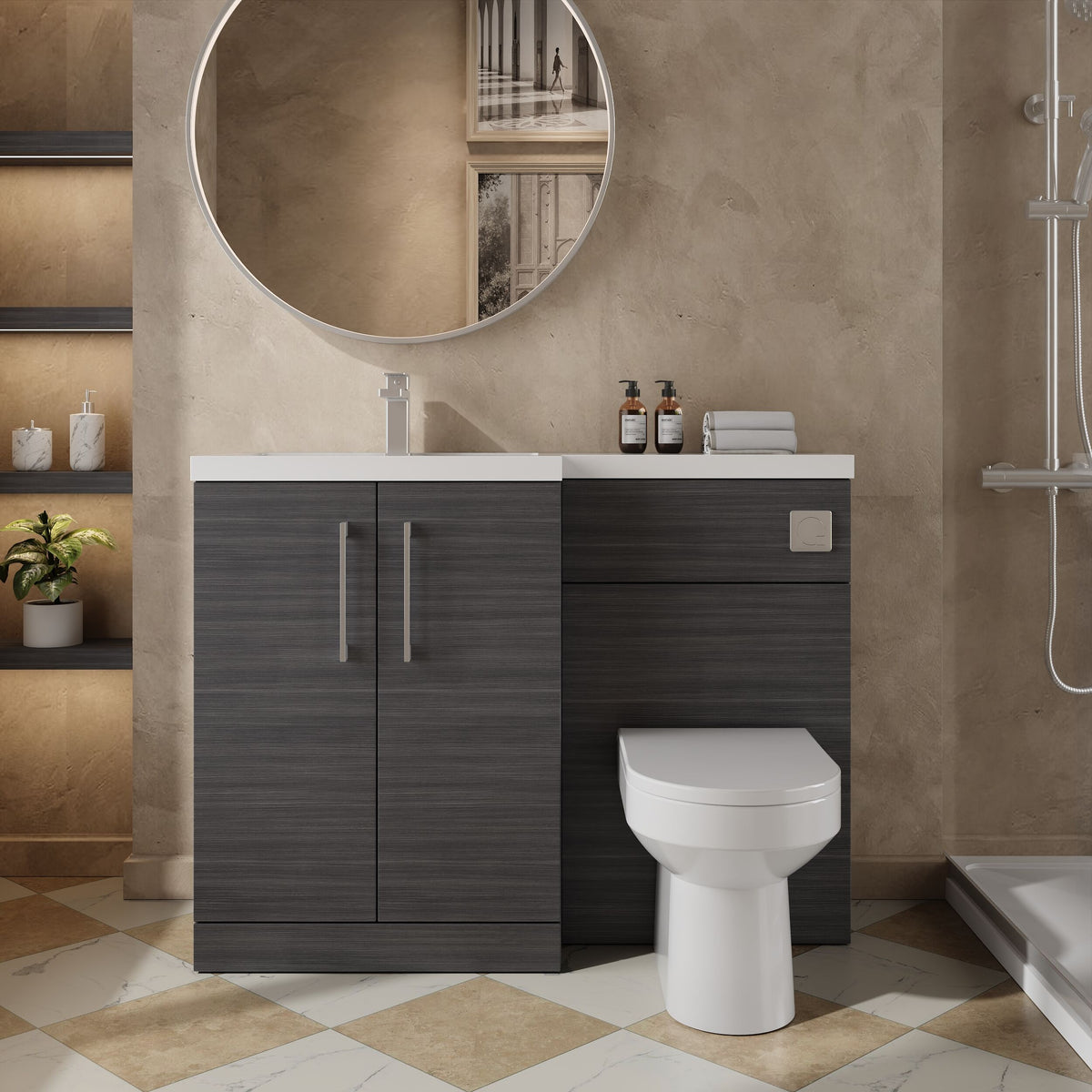Modern Splash 1100mm Anthracite Woodgrain 2 Door Floor Standing Left-Hand Combination Unit With Polymarble Basin