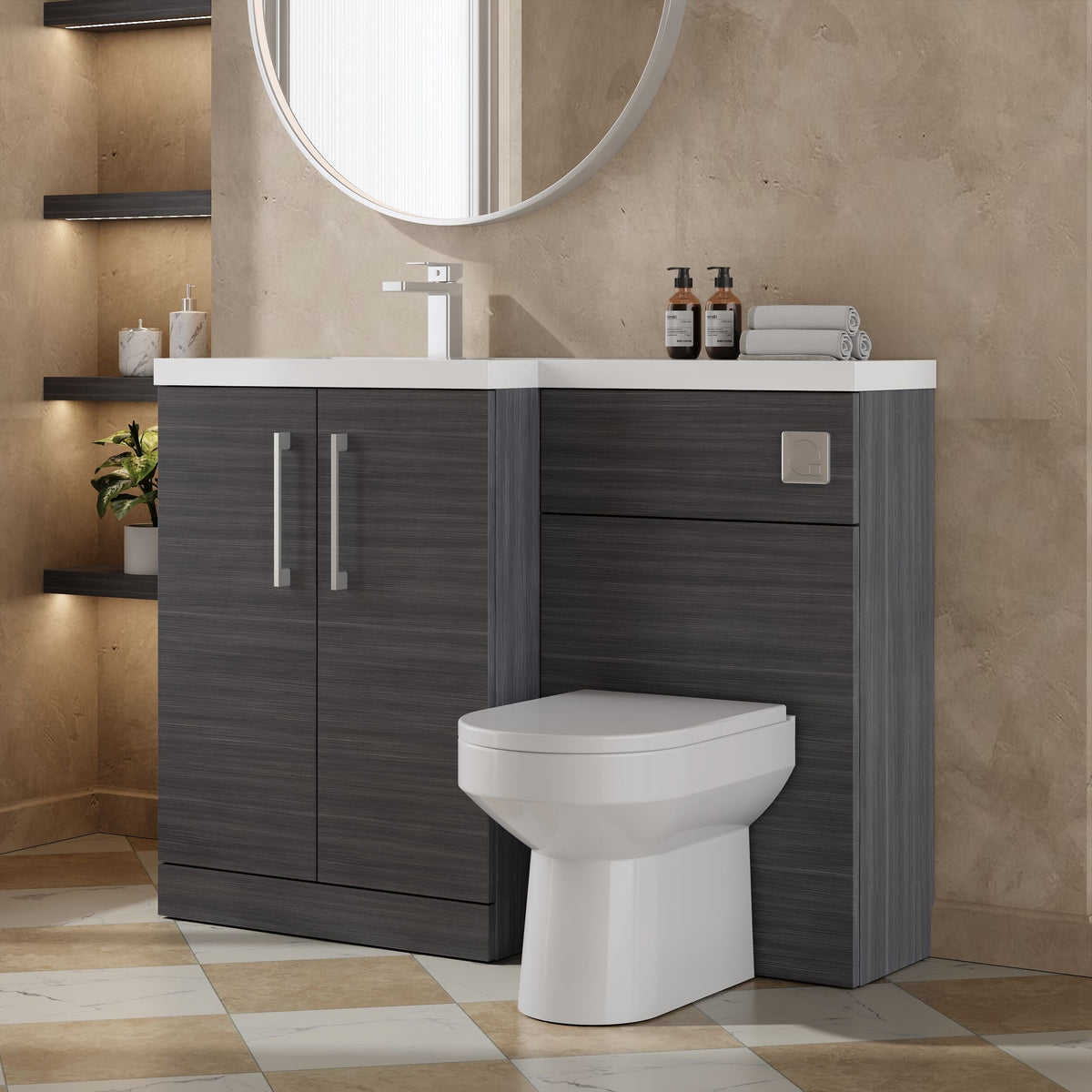 Modern Splash 1100mm Anthracite Woodgrain 2 Door Floor Standing Left-Hand Combination Unit With Polymarble Basin