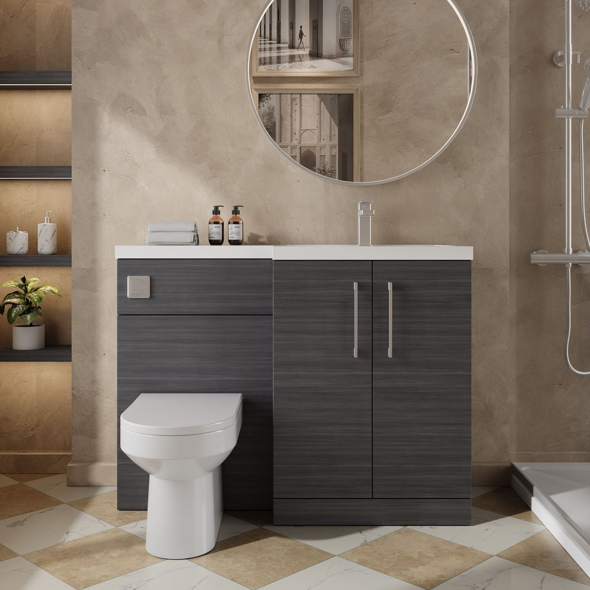 Modern Splash 1100mm Anthracite Woodgrain 2 Door Floor Standing Right-Hand Combination Unit With Polymarble Basin