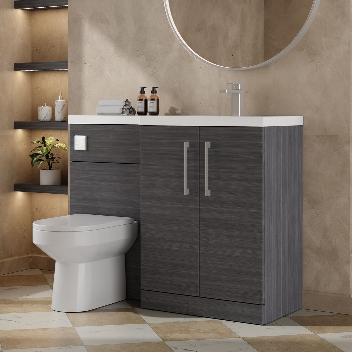 Modern Splash 1100mm Anthracite Woodgrain 2 Door Floor Standing Right-Hand Combination Unit With Polymarble Basin