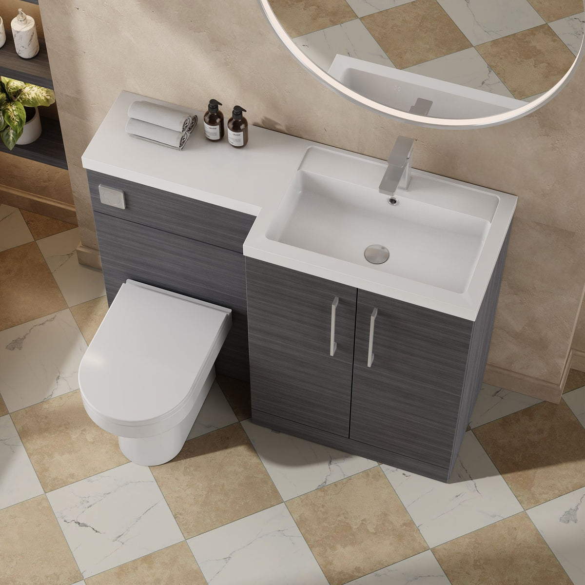 Modern Splash 1100mm Anthracite Woodgrain 2 Door Floor Standing Right-Hand Combination Unit With Polymarble Basin