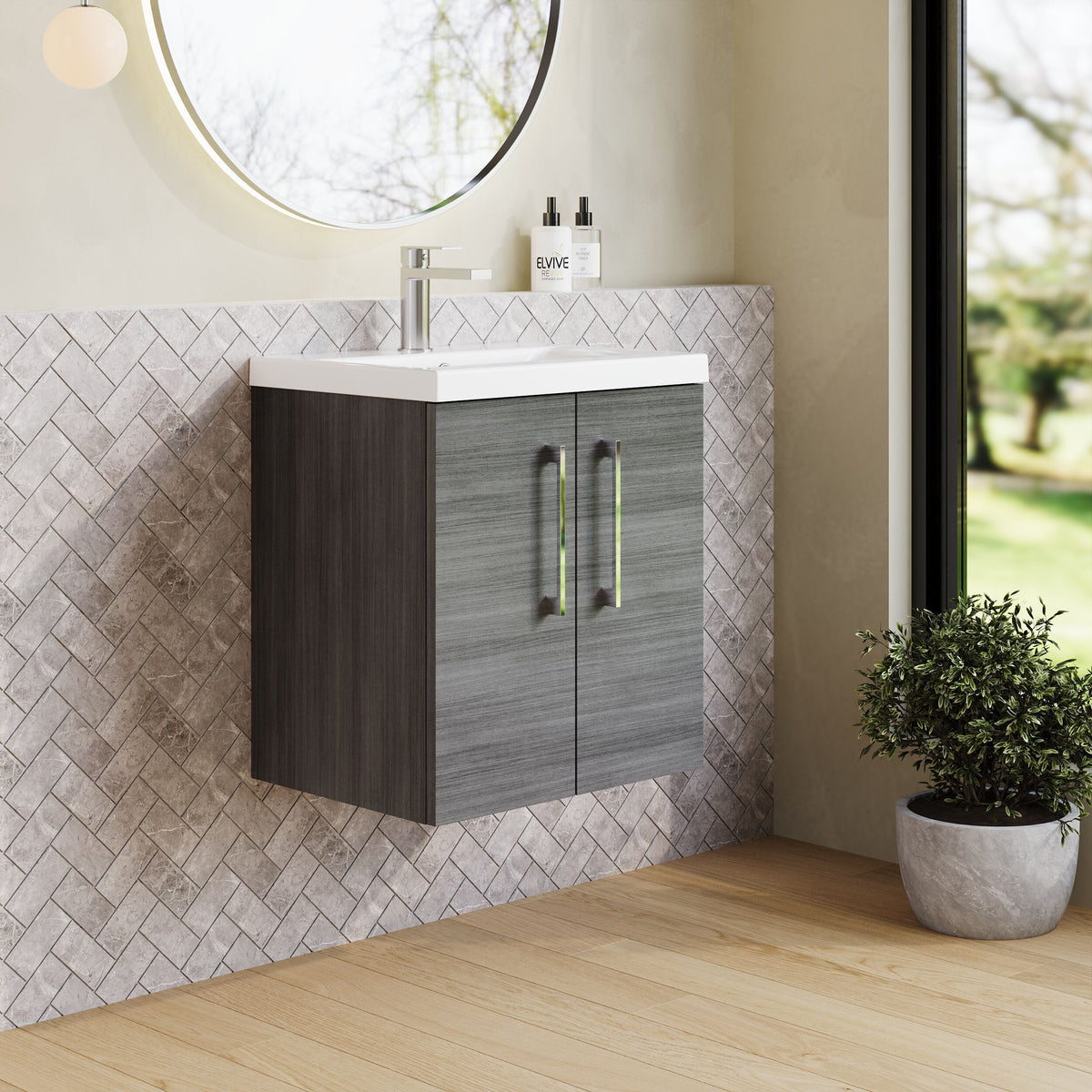 Modern Splash 500mm Anthracite Woodgrain 2 Door Wall Hung Vanity Unit With Mid-Edge Basin