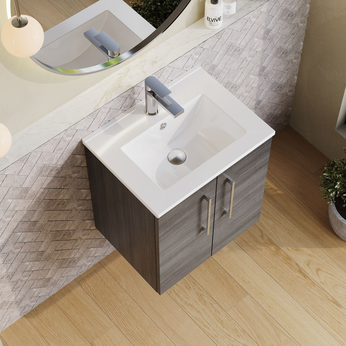 Modern Splash 500mm Anthracite Woodgrain 2 Door Wall Hung Vanity Unit With Minimalist Basin