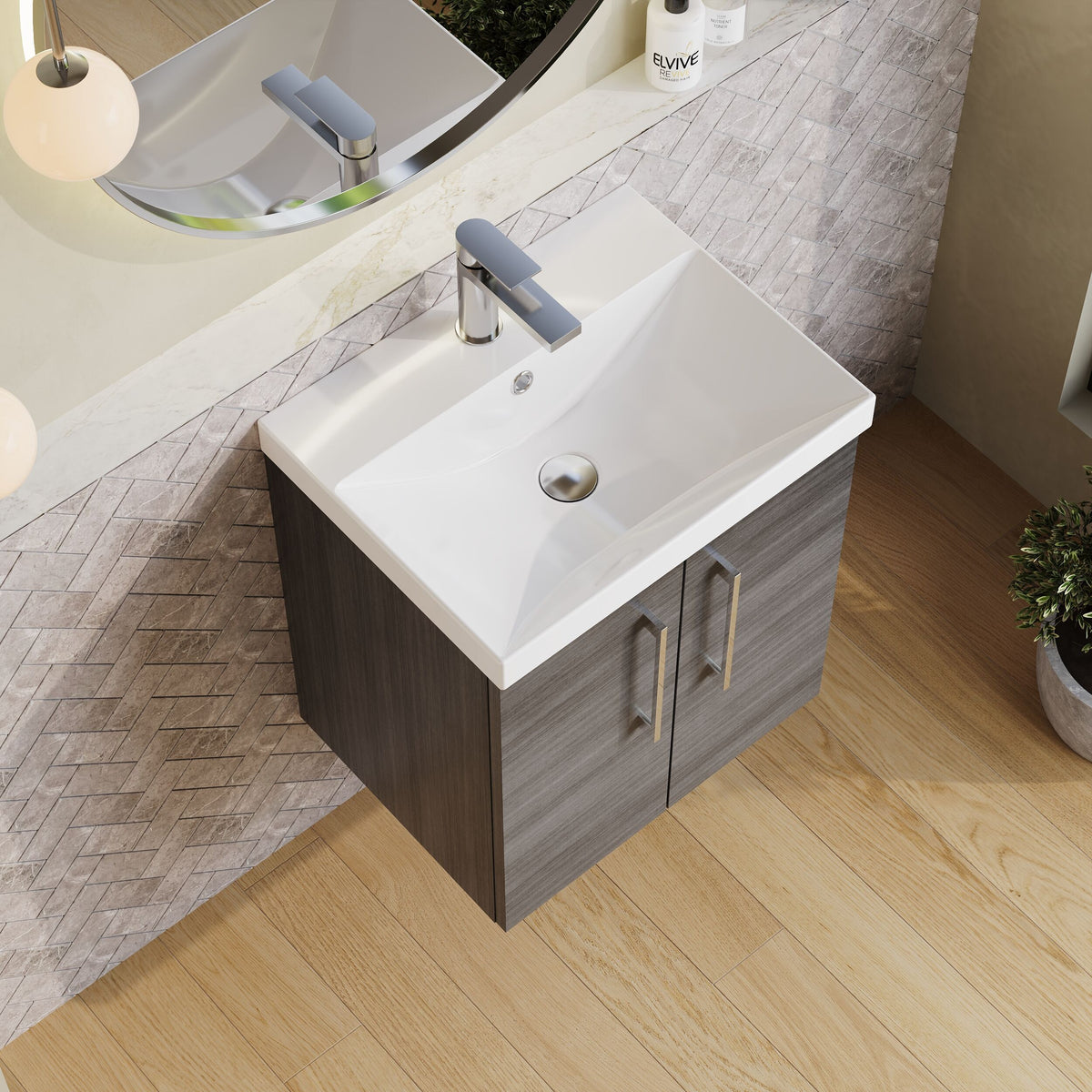 Modern Splash 500mm Anthracite Woodgrain 2 Door Wall Hung Vanity Unit With Thin Edge Basin