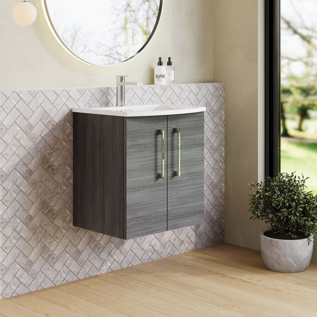Modern Splash 500mm Anthracite Woodgrain 2 Door Wall Hung Vanity Unit With Curved Basin