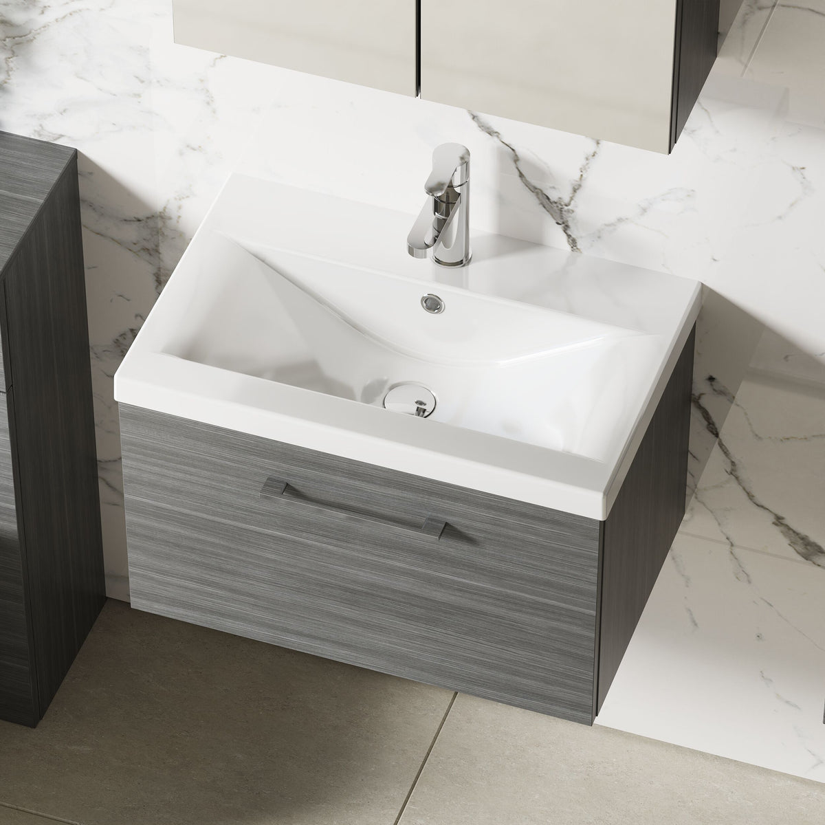 Modern Splash 600mm Anthracite Woodgrain 1 Drawer Wall Hung Vanity Unit With Basin