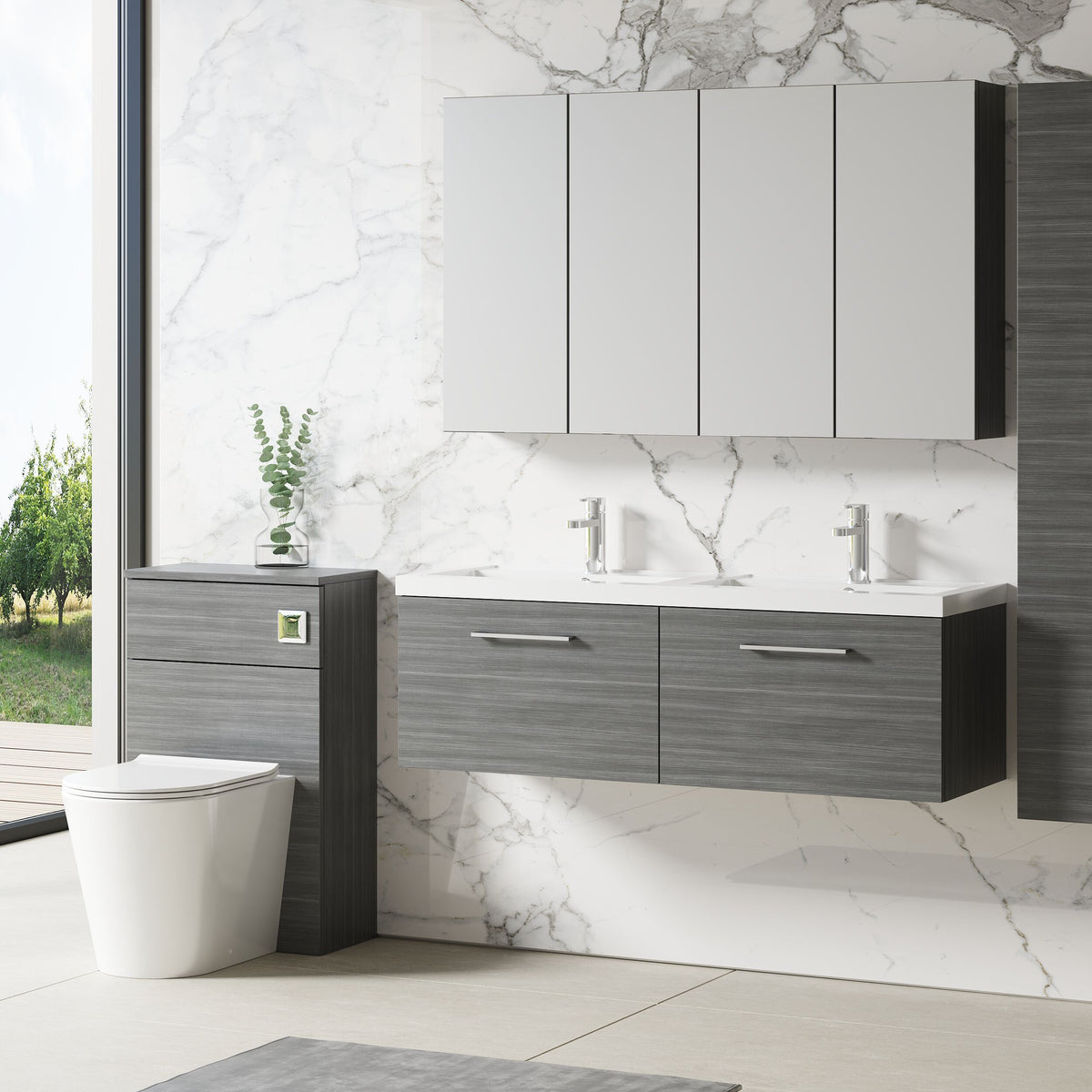 Modern Splash 1200mm Anthracite Woodgrain 2 Drawer Wall Hung Vanity Unit With 2 Tap Hole Polymarble basin