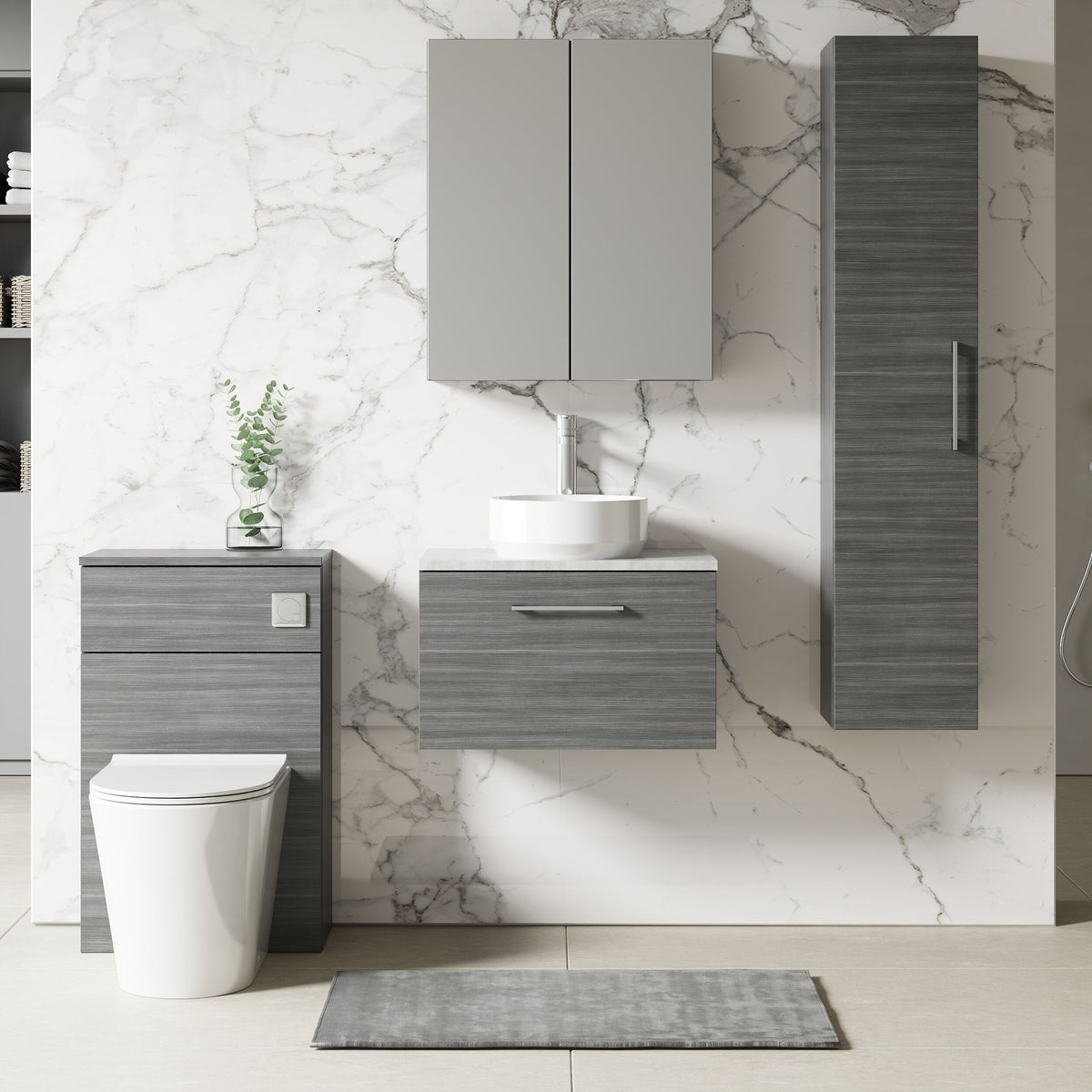 Modern Splash 600mm Anthracite Woodgrain 1 Drawer Wall Hung Vanity Unit With Bellato Grey Worktop