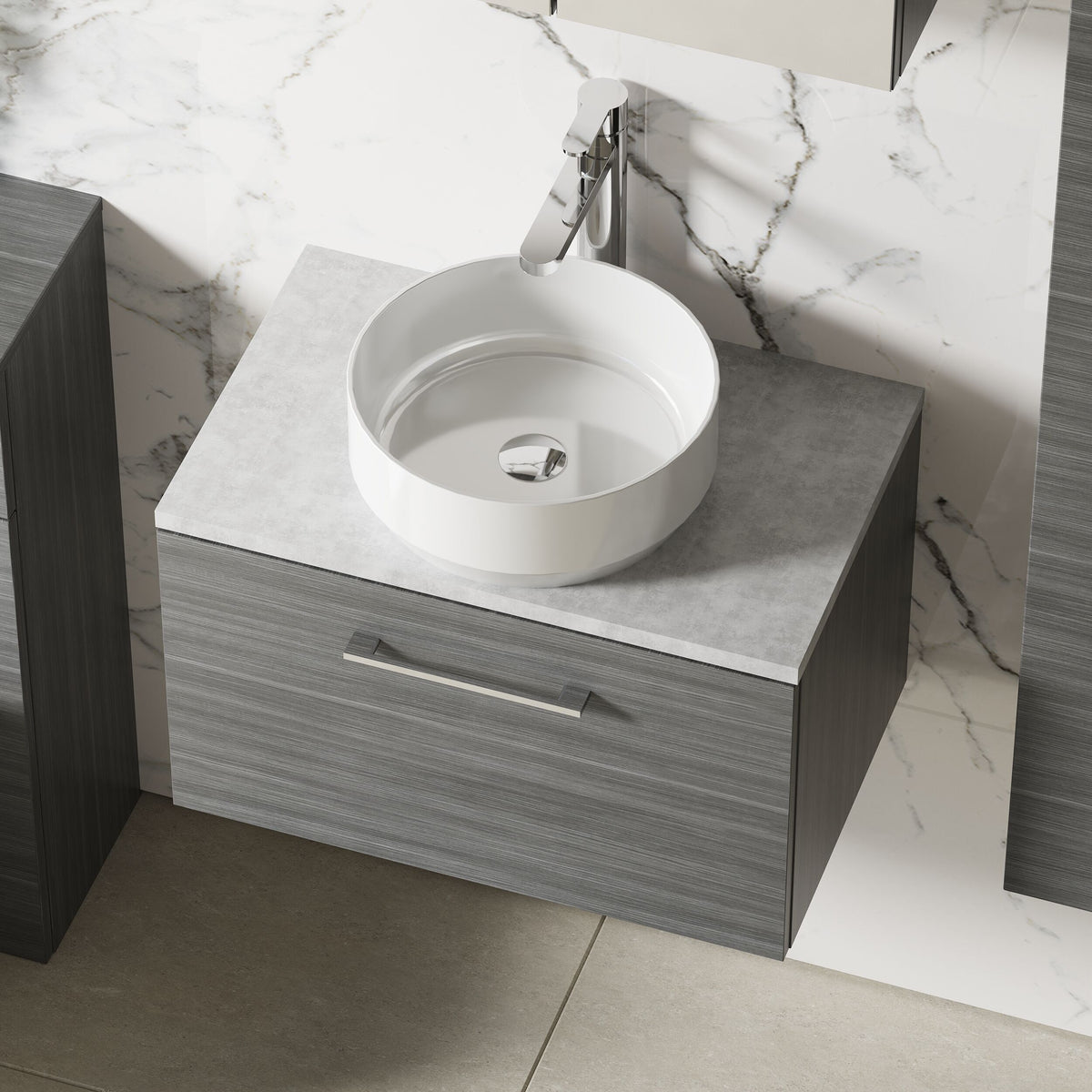 Modern Splash 600mm Anthracite Woodgrain 1 Drawer Wall Hung Vanity Unit With Bellato Grey Worktop