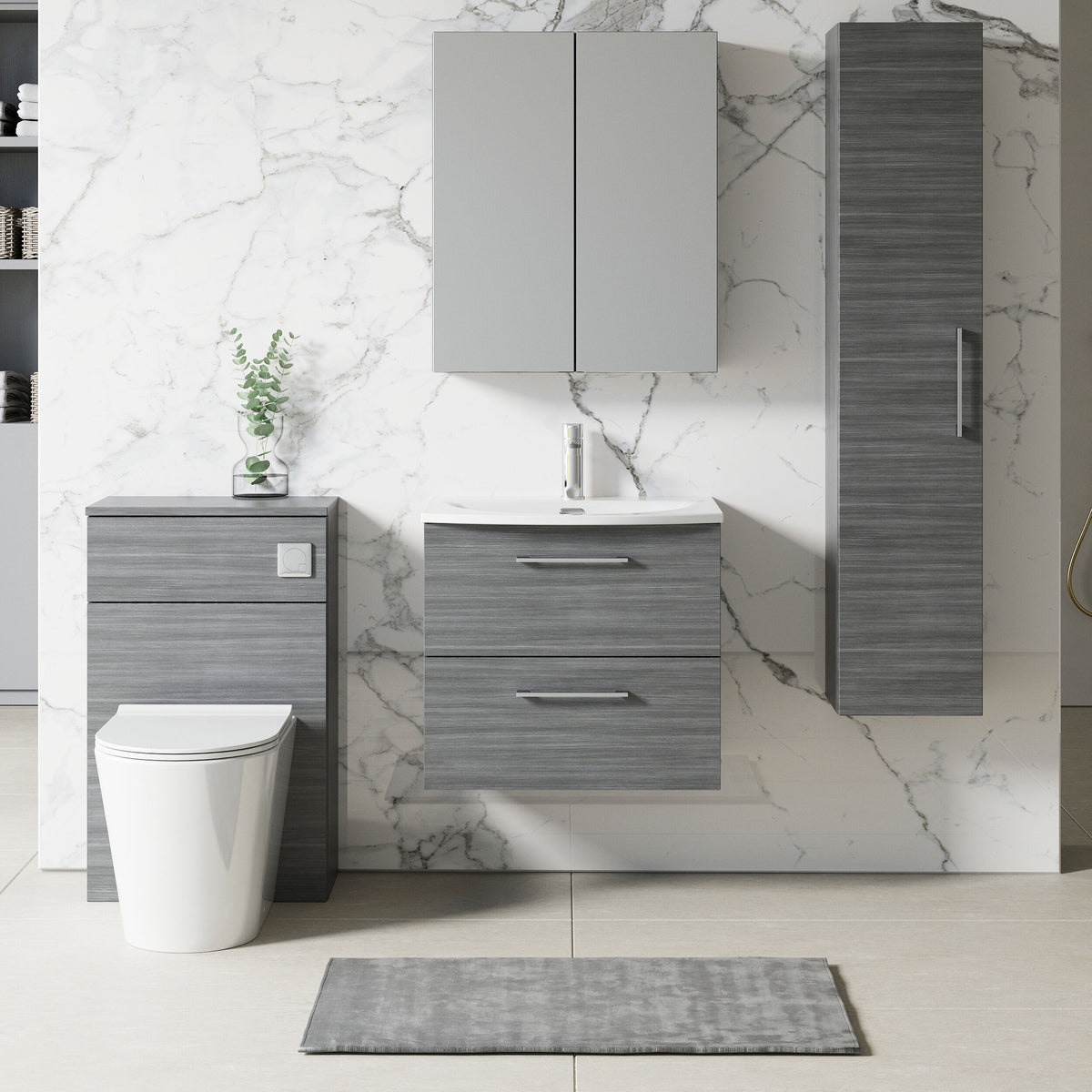 Modern Splash 600mm Anthracite Woodgrain 1 Drawer Wall Hung Vanity Unit With Carrara Laminate Worktop