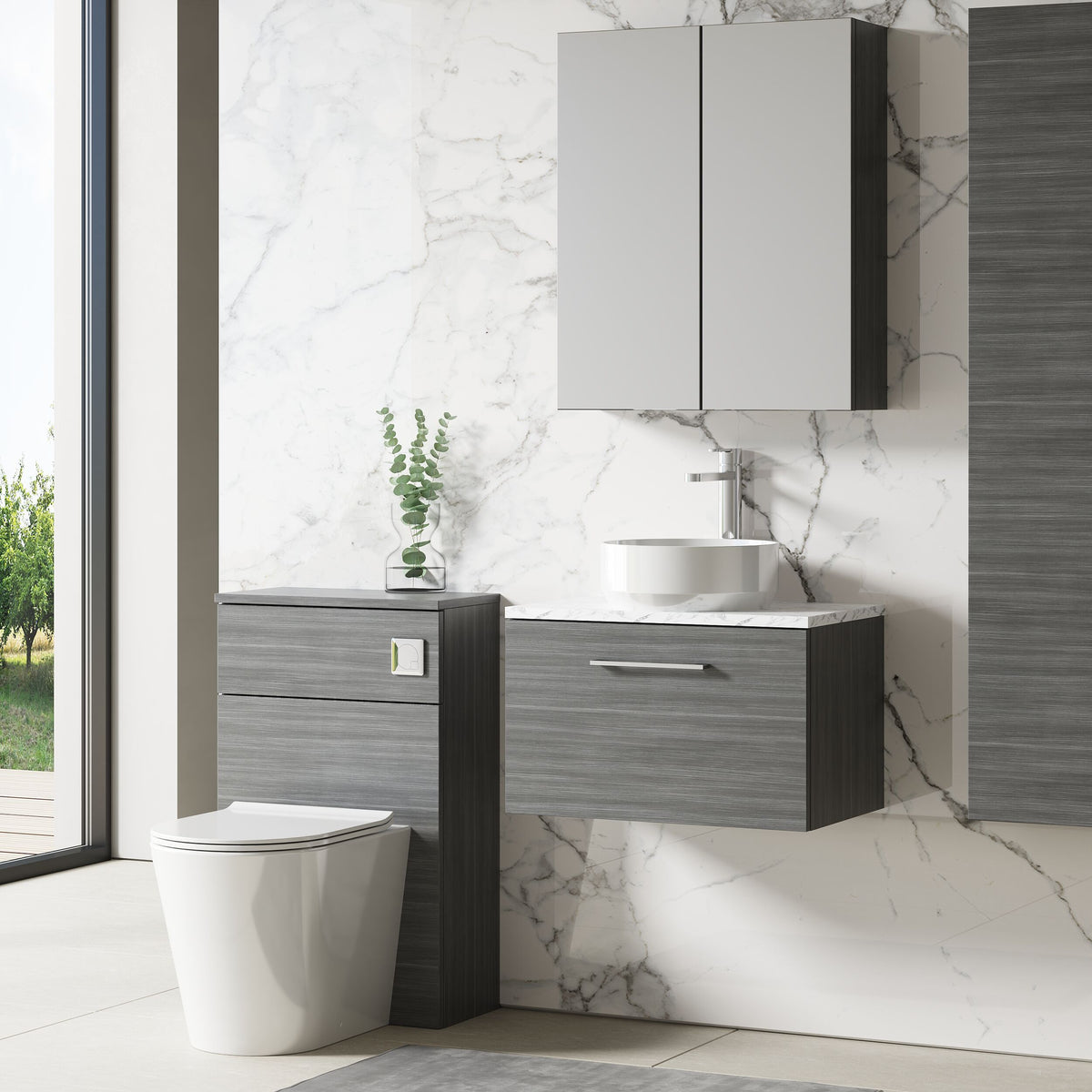 Modern Splash 600mm Anthracite Woodgrain 1 Drawer Wall Hung Vanity Unit With Carrara Laminate Worktop