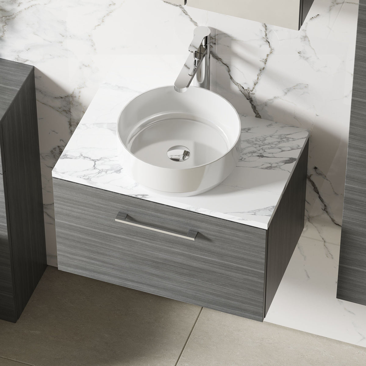 Modern Splash 600mm Anthracite Woodgrain 1 Drawer Wall Hung Vanity Unit With Carrara Laminate Worktop