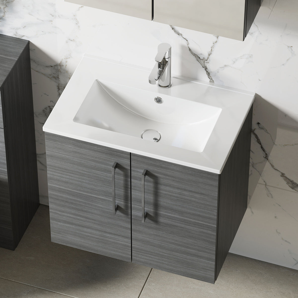 Modern Splash 600mm Anthracite Woodgrain 2 Door Wall Hung Vanity Unit With Minimalist Basin