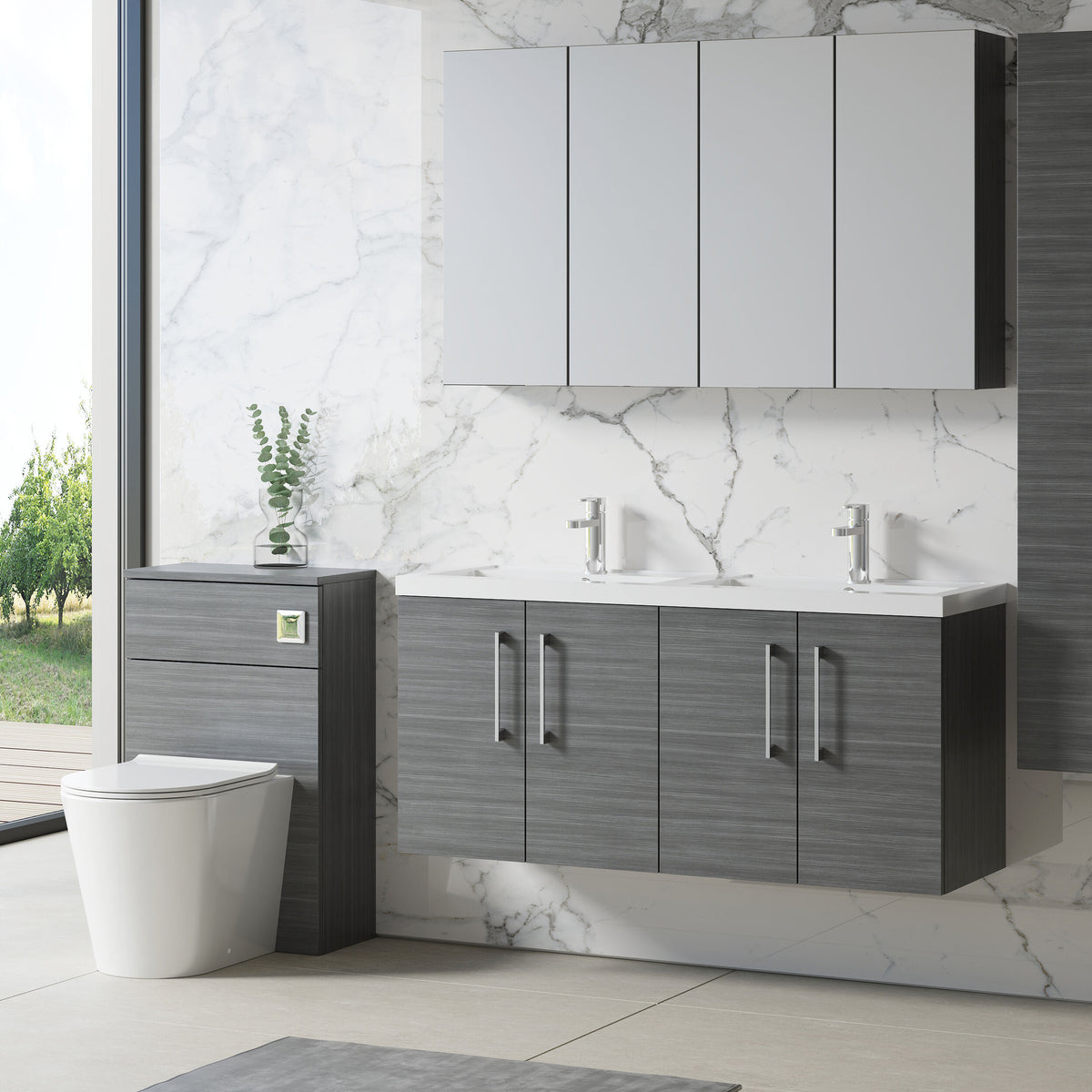 Modern Splash 1200mm Anthracite Woodgrain 4 Door Wall Hung Vanity Unit With 2 Tap Hole Polymarble basin